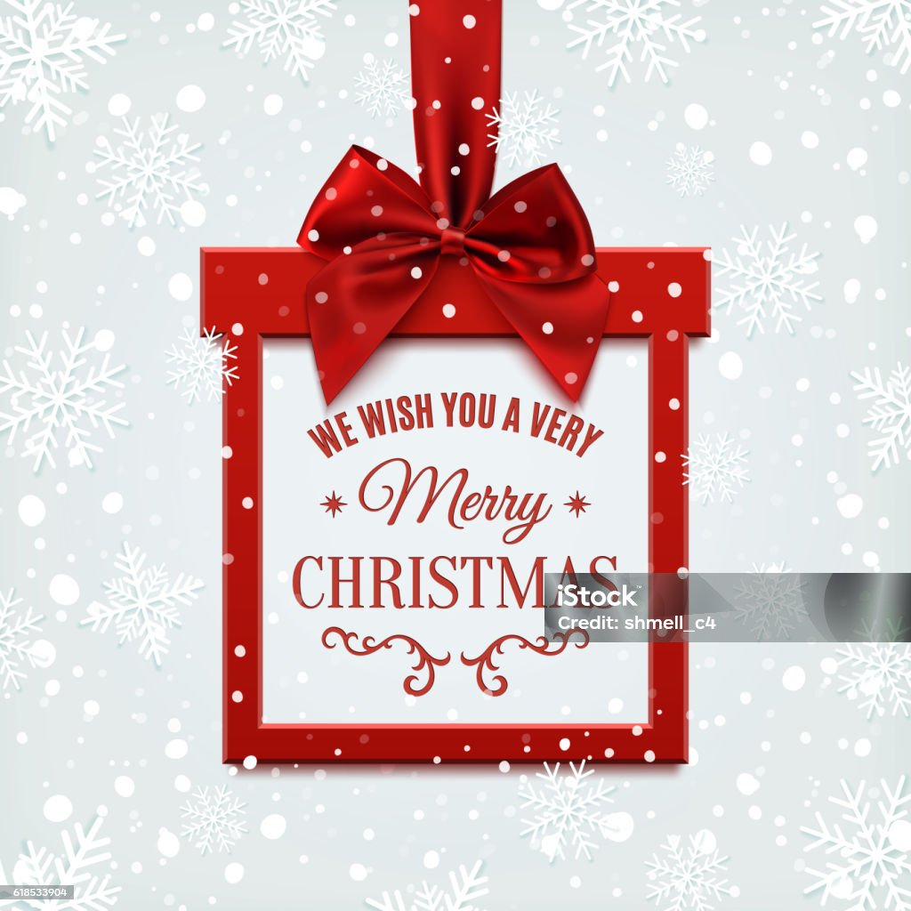 We wish you a very merry Christmas, square banner. We wish you a very merry Christmas, square banner in form of  gift with red ribbon and bow, on winter background with snow and snowflakes. Greeting card or banner template. Vector illustration. Christmas Present stock vector