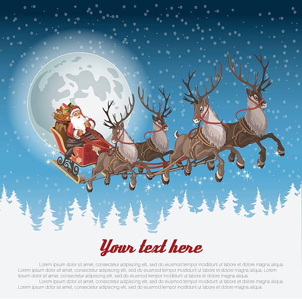 Christmas background with Santa driving his sleigh Christmas background with Santa driving his sleigh across the face of the moon on winter night and copy-space for your text reindeer stock illustrations