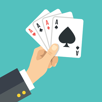 Hand holding playing cards. Four aces. Poker, casino, gambling concepts. Flat design vector illustration