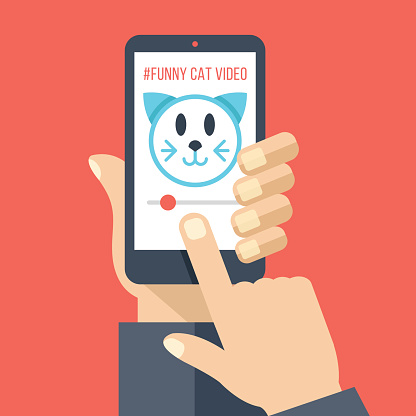 Hand holding smartphone with cat video on screen. Watching funny videos online, movies, fails, viral media on the internet. Flat design vector illustration
