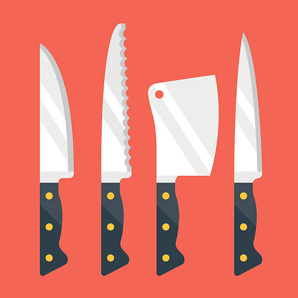 ilustraciones, imágenes clip art, dibujos animados e iconos de stock de juego de cuchillos de cocina. ilustración vectorial de diseño plano - afilado ilustraciones