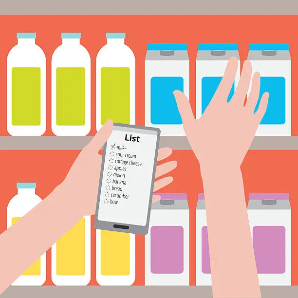 Vector illustration of Man is holding a phone with a shopping list