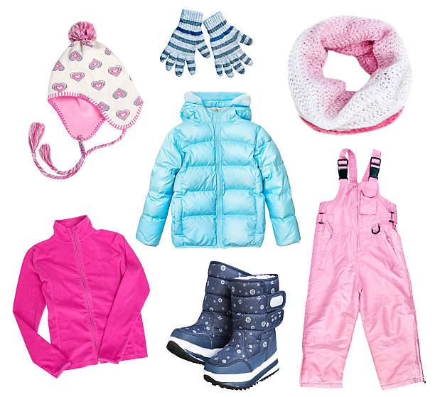 zimowe ubrania dla dzieci zestaw kolaż izolowane. - winter child coat baby girls zdjęcia i obrazy z banku zdjęć