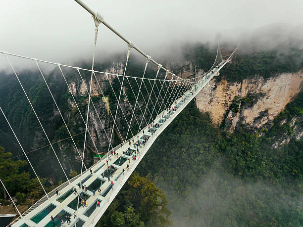 pont de verre de zhangjiajie chine - pont suspendu photos et images de collection