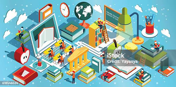 Online Education Isometric Flat Design Stock Illustration - Download Image Now - Education, Isometric Projection, Library