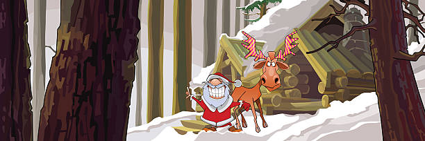 bildbanksillustrationer, clip art samt tecknat material och ikoner med cartoon joyous santa claus standing with a moose - santa hat