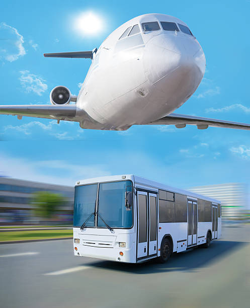 istock plane in sky bus going in city 618548988