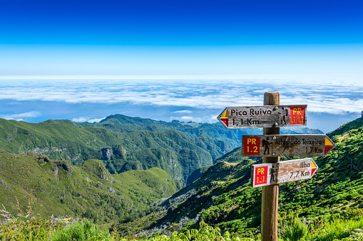 Signpost at the top of Madeira Island showing the way to Pico Ruivo, Ilha and Achada do Teixeira