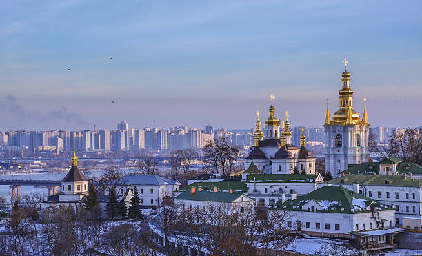 Panoramic view of Kiev Pechersk Lavra Monastery Panoramic view of Kiev Pechersk Lavra Monastery in winter. The Dnieper River, Church of the Nativity of the Virgin Mary, Bell tower at the Far Caves. Ukrainian baroque, 18th century onion dome stock pictures, royalty-free photos & images