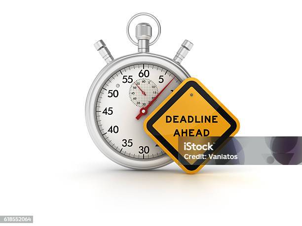 Stopwatch With Deadline Ahead Road Sign Stock Photo - Download Image Now - Deadline, Approaching, Stopwatch