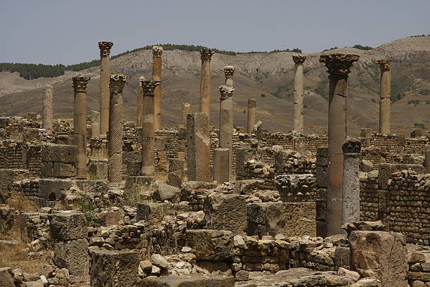 Columns of Djemila, Algeria Djemila is a small mountain village in Algeria, near the northern coast east of Algiers, where some of the best preserved Berbero-Roman ruins in North Africa are found oran algeria photos stock pictures, royalty-free photos & images