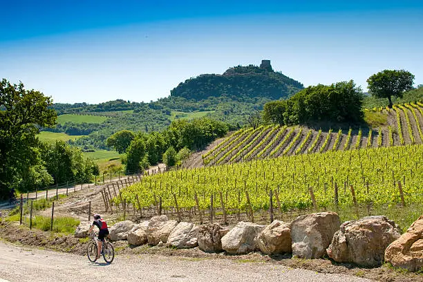 Val d'Orcia, Siena, mountain bike excursion in the Tuscan hills - ford and climb to Rocca d'Orcia from Podere Mulina