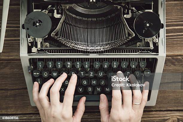 Writer Typing With Retro Writing Machine Stock Photo - Download Image Now - Antique, Computer Key, Computer Keyboard