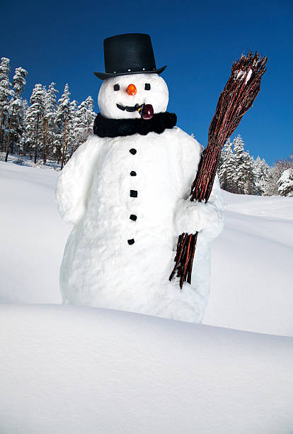 森の中のストーブパイプの帽子、パイプ、ほうきの雪だるま - stovepipe hat ストックフォトと画像