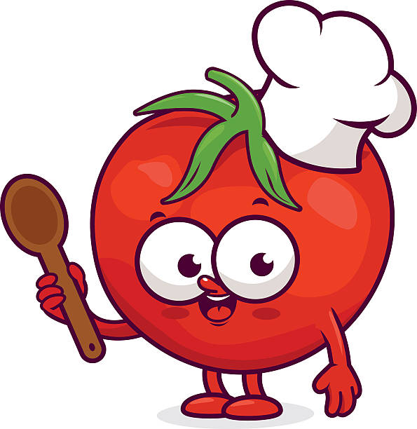 Cartoon Tomato chef holding a cooking spoon A cartoon tomato cook with a chef hat holding a cooking spoon. Vector illustration tomato face stock illustrations