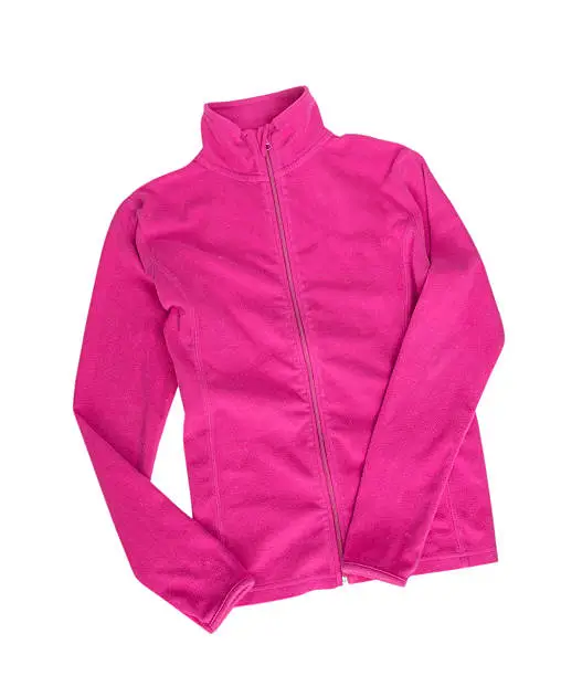 Fleece zipper jacket pink color isolated on white background. Female clothes.