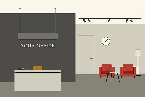 Office interior with reception Office interior in flat style with reception and waiting area. lobby office stock illustrations