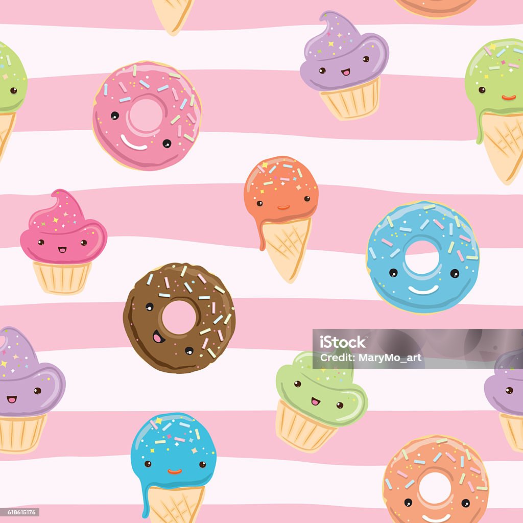 Cute seamless pattern with sweets Seamless pattern with sweets - ice cream, donuts, cupcakes isolated on linear white and pink background. Can use for birthday card, the childrens menu, packaging, textiles, fabrics, wallpaper Pattern stock vector