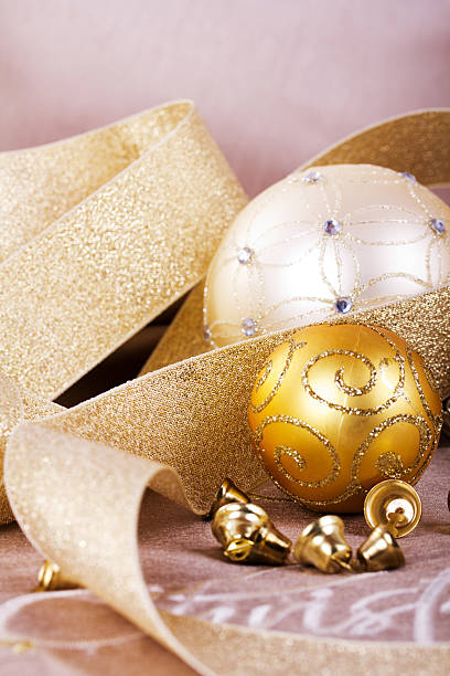 istock Festive gold Christmas decorations on fabric background 618617132