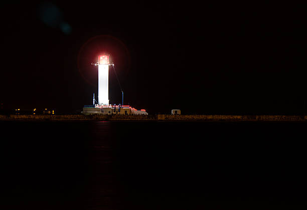 istock Lighthouse and Lantern with red light glowing at night 618617936