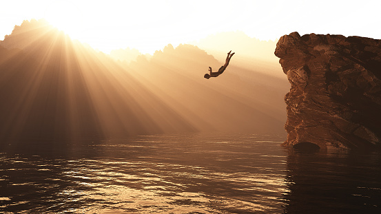 Man jumping from a hill into a lake at sunset surrounded by mountains. This is a 3d render illustration