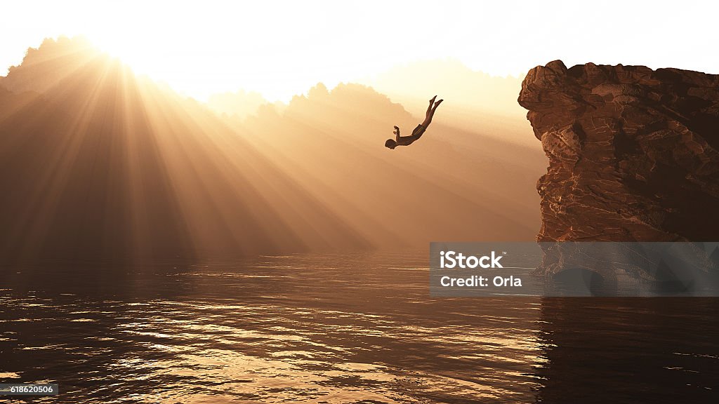 Jump from a hill Man jumping from a hill into a lake at sunset surrounded by mountains. This is a 3d render illustration Jumping Stock Photo