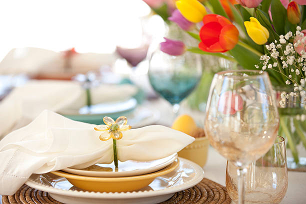 istock Easter Elegant Place Setting Dining Table with Vase of Tulips 618626472