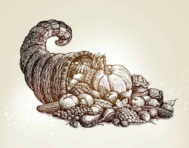 illustrations, cliparts, dessins animés et icônes de jour de thanksgiving. illustration vectorielle d’esquisse de corne d’abondance vintage - farm pumpkin autumn farmer