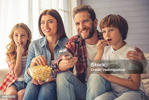 Happy Family Together Stock Photo - Download Image Now - Family, Television Set, Watching