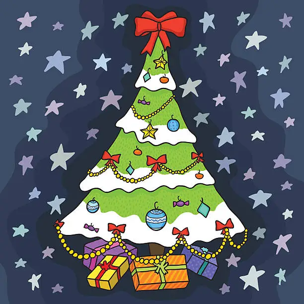 Vector illustration of Christmas tree with gifts on blue background with stars