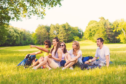 Group of young people in nature, living healthy lifestyle and rrefresh with apple or water in sunset. Image taken with Nikon D800 and developed from RAW. Location: Central Europe, Europe