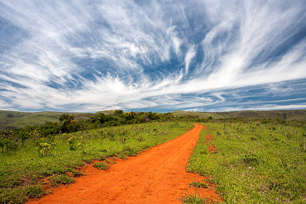 Rural orange dirt road with blue sky and far horizon