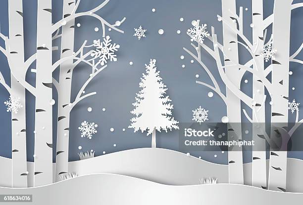 Fiocchi Di Neve E Albero Di Natale - Immagini vettoriali stock e altre immagini di Fiocco di neve - Fiocco di neve, Carta, Natale