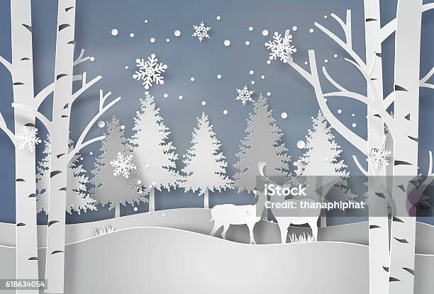 Ilustración de Ciervos En Bosque Con Nieve y más Vectores Libres de Derechos de Ciervo - Ciervo, Invierno, Copo de nieve