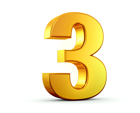 3D rendering of number three made of gold with reflection isolated on white background.