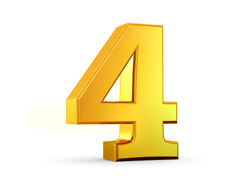 3D rendering of number four made of gold with reflection isolated on white background.