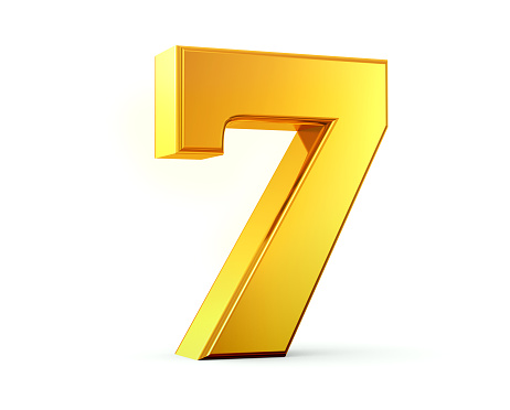 3D rendering of number seven made of gold with reflection isolated on white background.