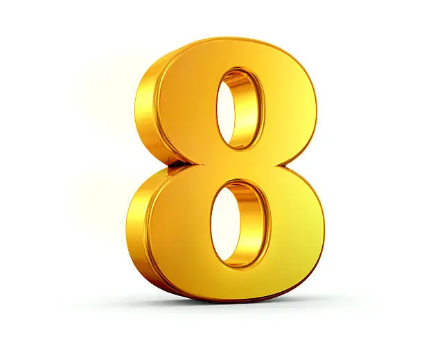 3D rendering of number eight made of gold with reflection isolated on white background.