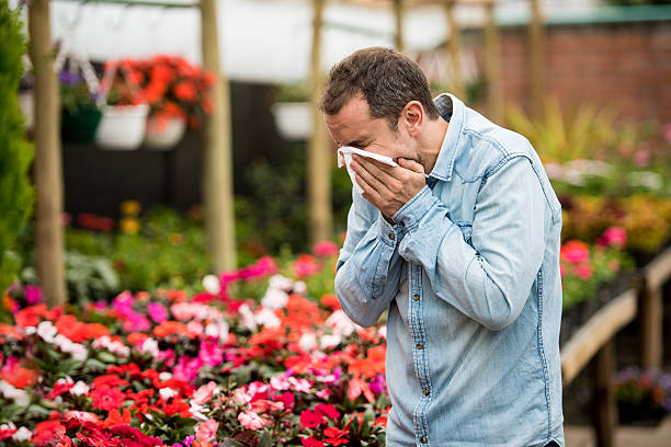 man at a greenhouse suffering from hay fever - hay fever imagens e fotografias de stock