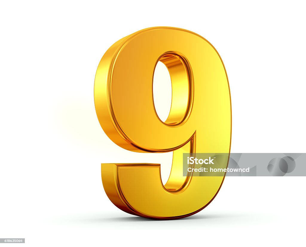 Gold Number 9 3D rendering of number nine made of gold with reflection isolated on white background. Stereoscopic Image Stock Photo