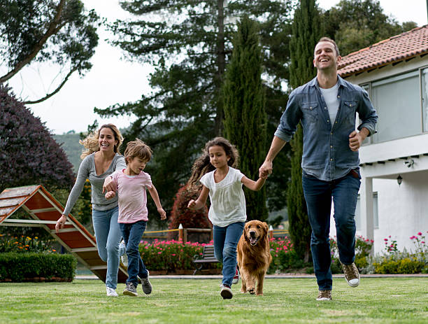 istock Happy family playing with their dog 618635350