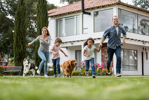 Latin American family playing with their dogs outdoors and looking very happy running