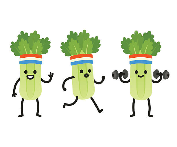 Funny cartoon celery Funny heath and fitness illustration set. Cartoon celery with sweatband jogging and lifting dumbbells. Cute character drawing. sweat band stock illustrations