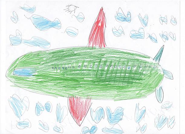 Kids drawing sketch of a plane and train stock photo