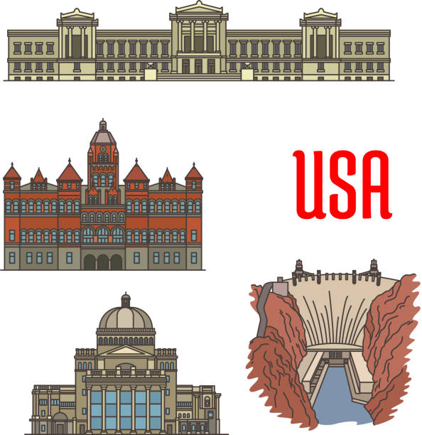 US Boston Museum of Fine Arts, Old Red Museum of Dallas, The First Church of Christ, Scientist, Hoover Dam. Famous popular tourist attractions of USA. Icons of buildings and sightseeings for travel and vacation design elements