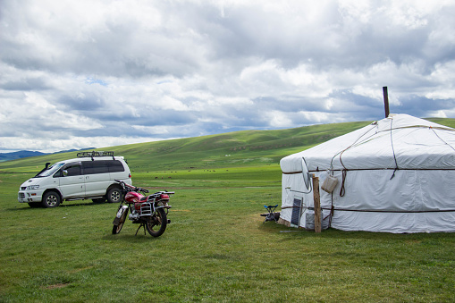 Arvaikheer, Mongolia - July 10, 2016: A ger in a nomadic camp in the grasslands of central Mongolia.