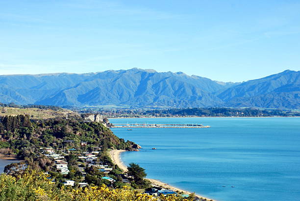 across golden bay from wainui hill, tasman district, neuseeland - golden bay stock-fotos und bilder