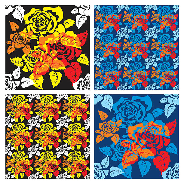 Roses Colored Seamless Pattern. Set of Seamless Vector Background or Wallpaper. blue rose against black background stock illustrations