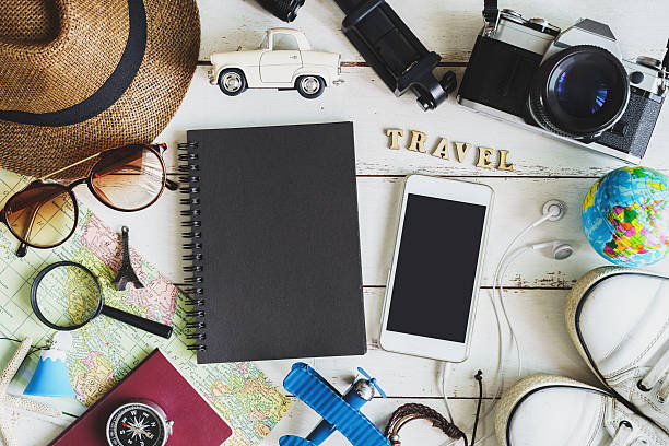 istock Traveler's accessories and items with black notebook 618644142