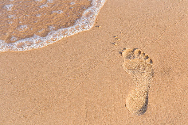 istock Shiny, perfect foots imprint in sand on the beach. 618645722
